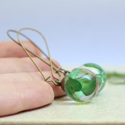 Green Botanical Earrings, Pressed Flower Earrings,..