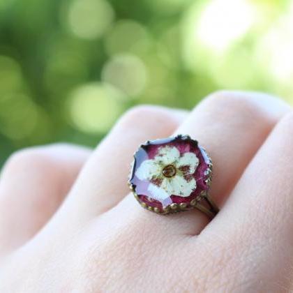 Red Flower Rings White Pressed Flower Rings Adjustable Rings For