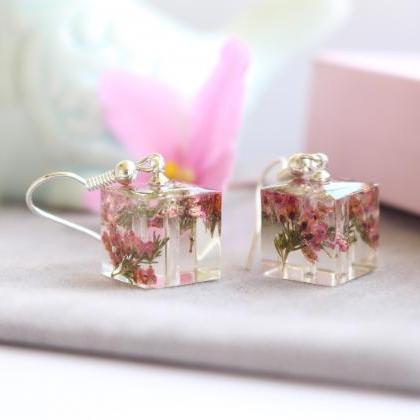 Real Flower Earrings Cube , Made From Flowers..