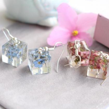 Real Flower Earrings Cube , Made From Flowers..