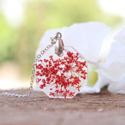 Pressed Flower Resin Necklace, Red Flower..