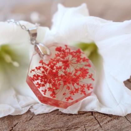 Pressed Flower Resin Necklace, Red Flower..