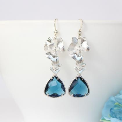 Cobalt Blue Wedding Earrings, Orchid Flower..