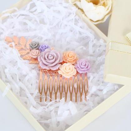 Rose Gold Flower Hair Comb Wedding, Pink Wedding..