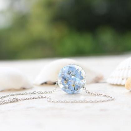 Pressed Flower Necklace, Blue Resin Jewelry, Dried..