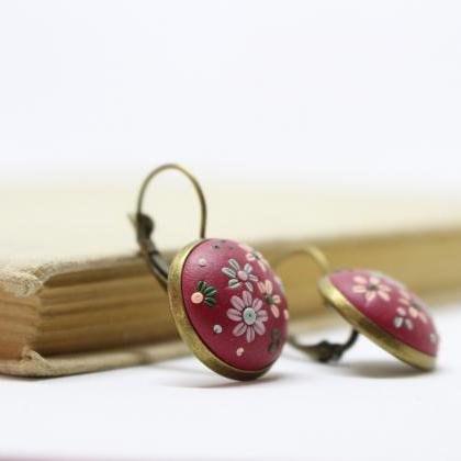 Polymer Clay Earrings Flowers , Embroidered..
