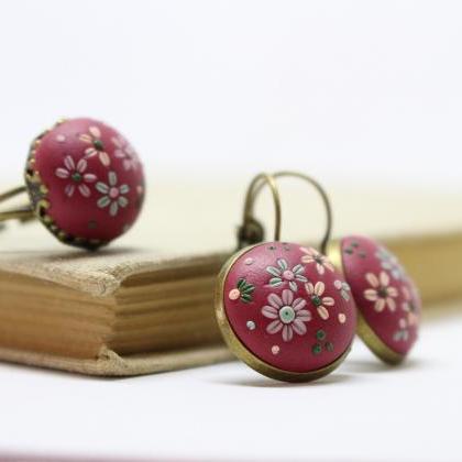 Polymer Clay Earrings Flowers , Embroidered..