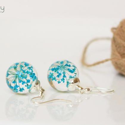 Turquoise Earrings For Bridesmaid, Real Flower..