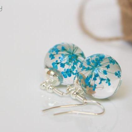 Turquoise Earrings For Bridesmaid, Real Flower..