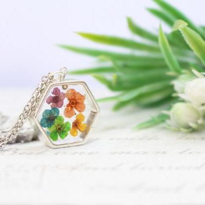 Real Flower Rainbow Necklace, Resin Necklace,..