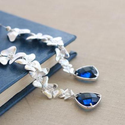 Wedding Blue Flower Earrings, Wedding Long..