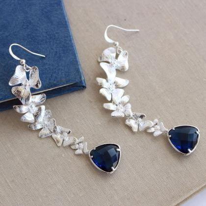 Wedding Blue Flower Earrings, Wedding Long..