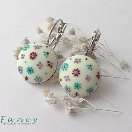 French Earrings Embroidered Flowers Clay ,..
