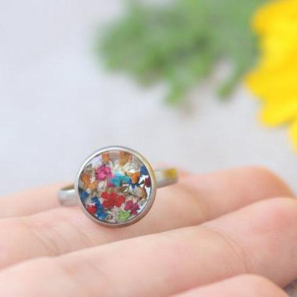 Rainbow resin ring, pressed flower ..