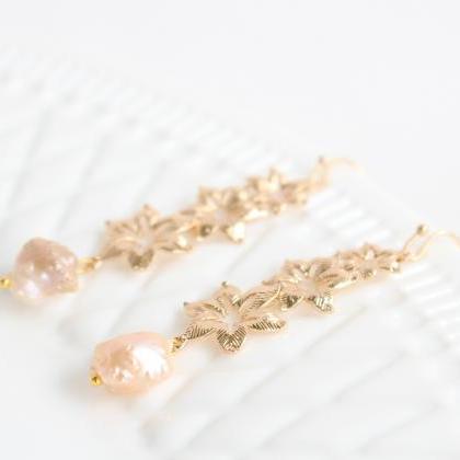 Gold Filled Earrings With Freshwater Pearl , Long..