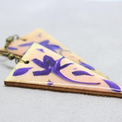 Violet Flower Earrings, Wooden Resin Jewelry, Wood..