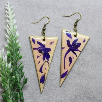 Violet Flower Earrings, Wooden Resin Jewelry, Wood..