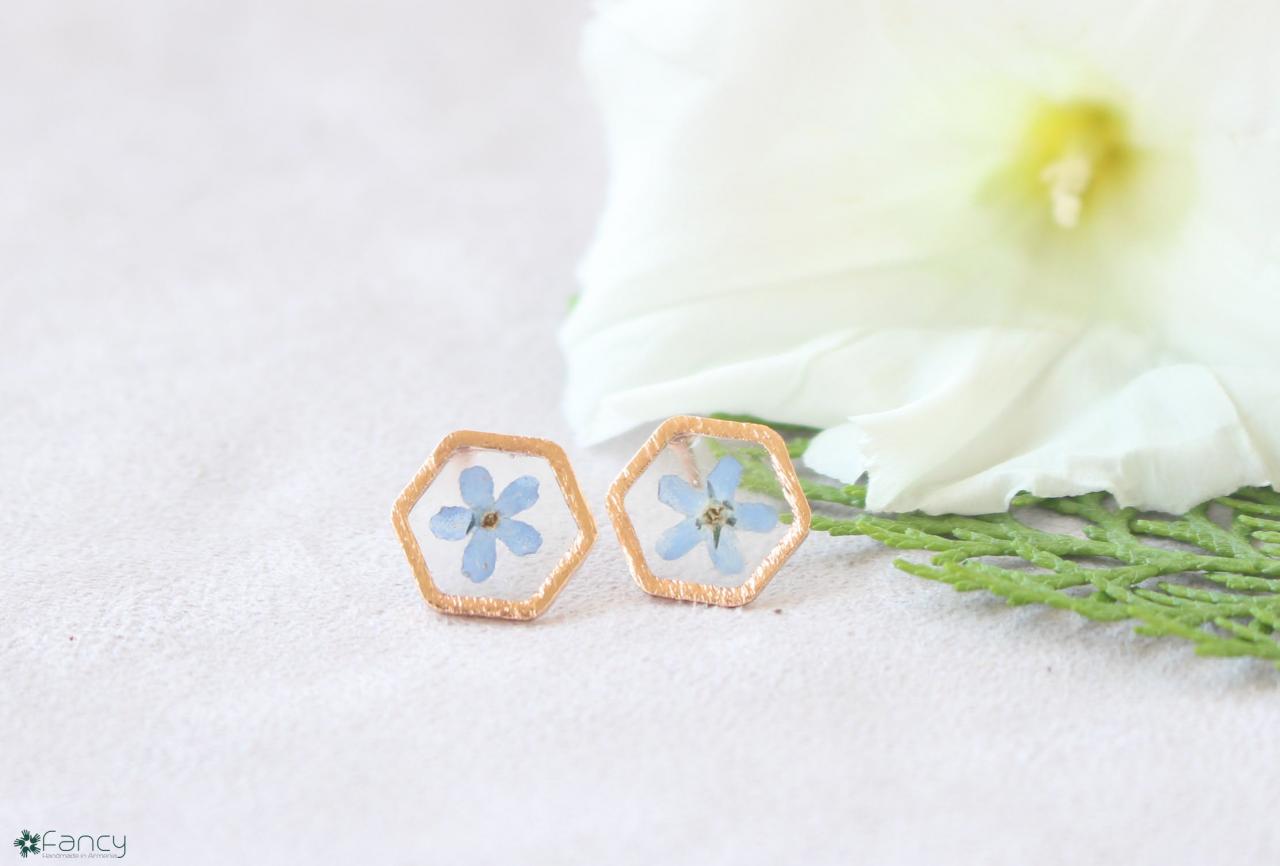 Forget Me Not Earrings, Pressed Flower Studs, Minimalist Gold Earrings Studs, Blue Stud Earrings Tiny Blue, Something Blue For Her