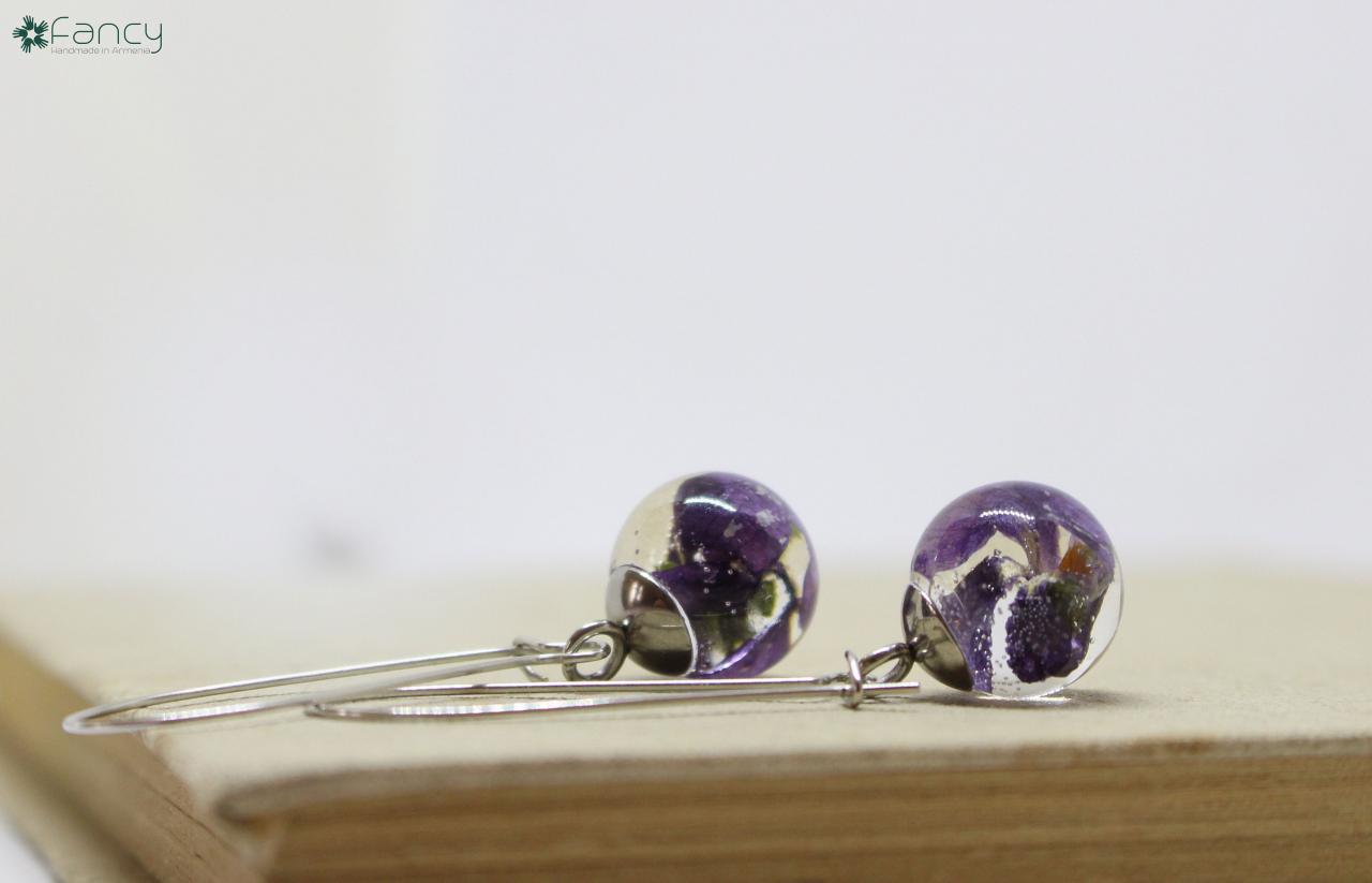Violet Flower Earrings, Violet Earrings, Earrings Real Flower, Purple Earrings Dangle, Real Flower Earrings, Pressed Flower Gifts, Armenian
