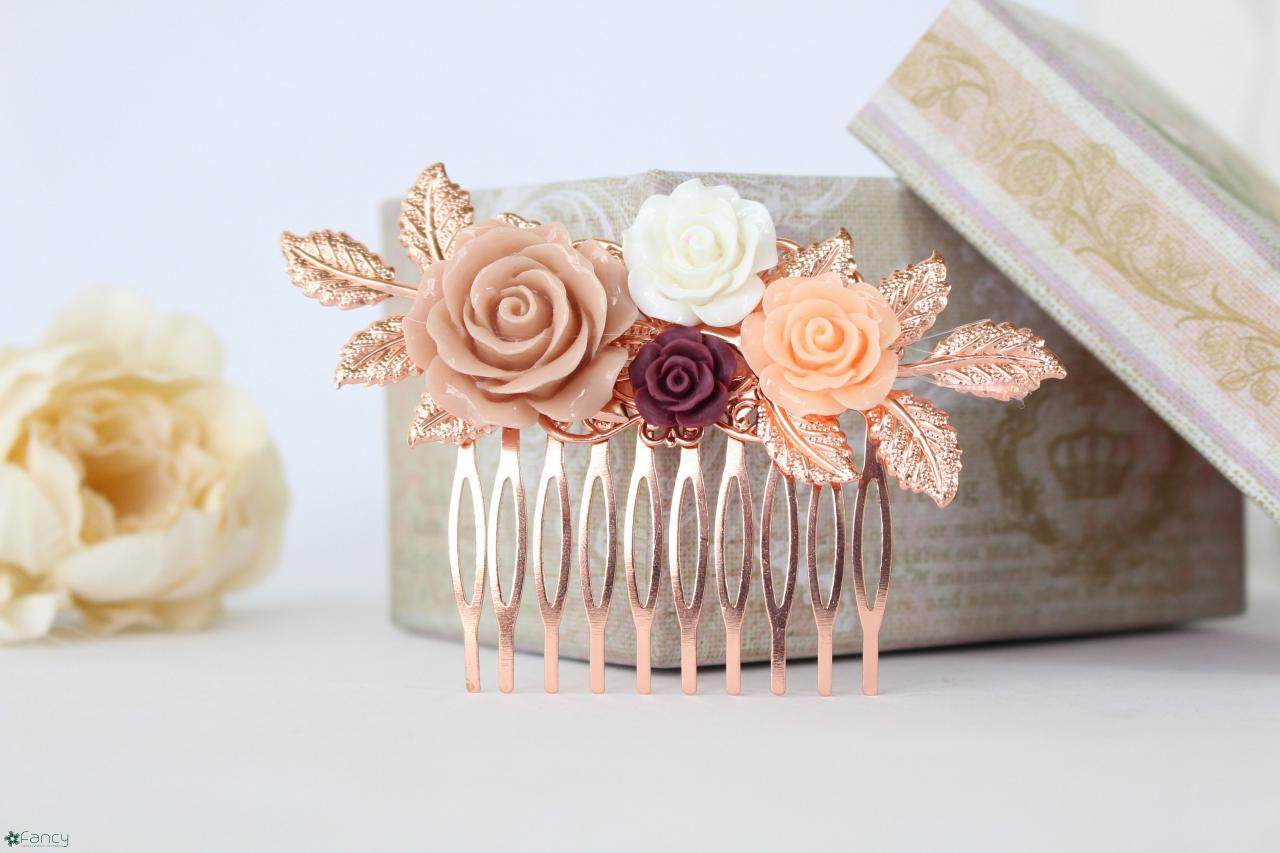 Floral Wedding Hair Comb, Gold Leaf Flower Comb, Burgundy 