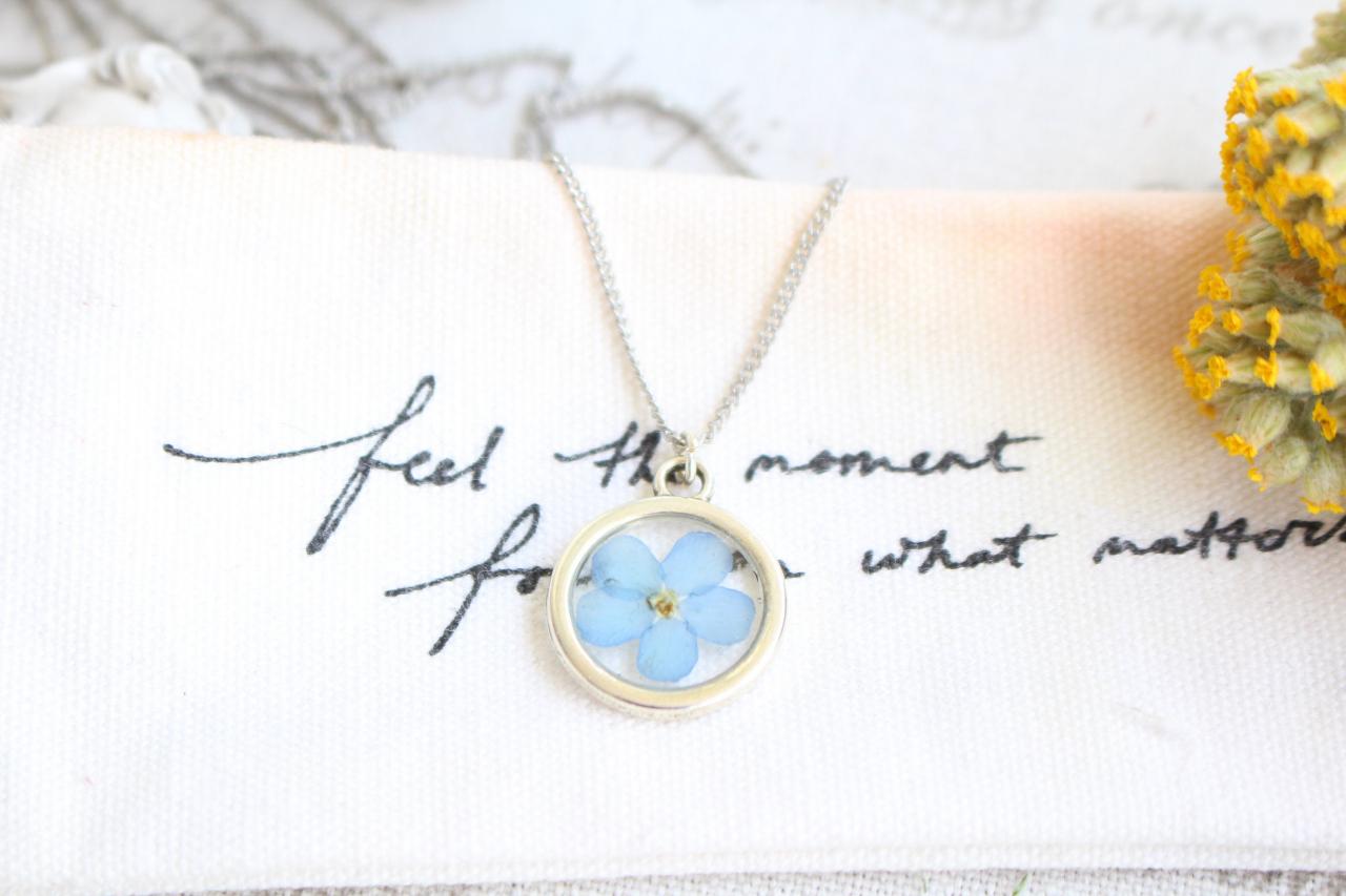 Forget Me Not Memorial Flower Necklace, Miniature Necklace Pressed Flowers, Girlfriend Gift Necklace, Something Blue For Bride Daughter