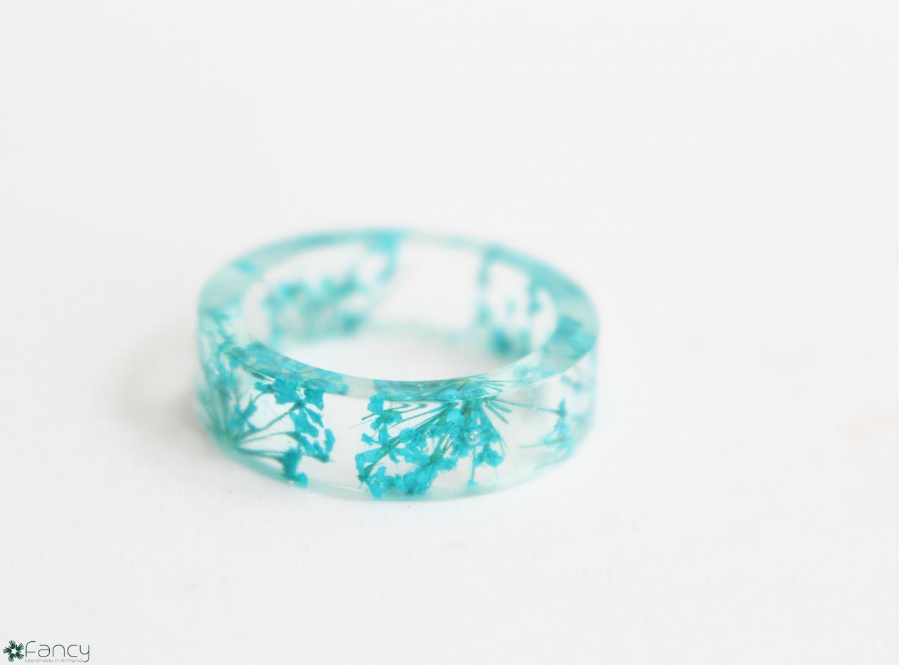Pressed Flower Ring, Real Flower Resin Ring With Turquoise Flowers, Resin Ring For Women, Turquoise Dried Flowers For Her