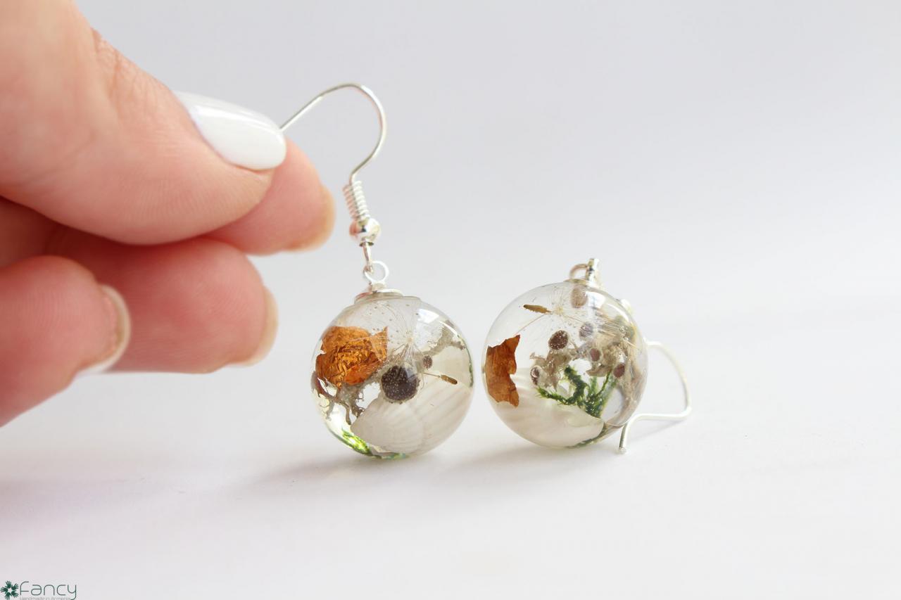One Of A Kind Earrings, Living Plant Jewelry, Resin Lichen Earrings, Real Moss Earrings, Resin Sphere Earrings, Wildflower Earrings For Her