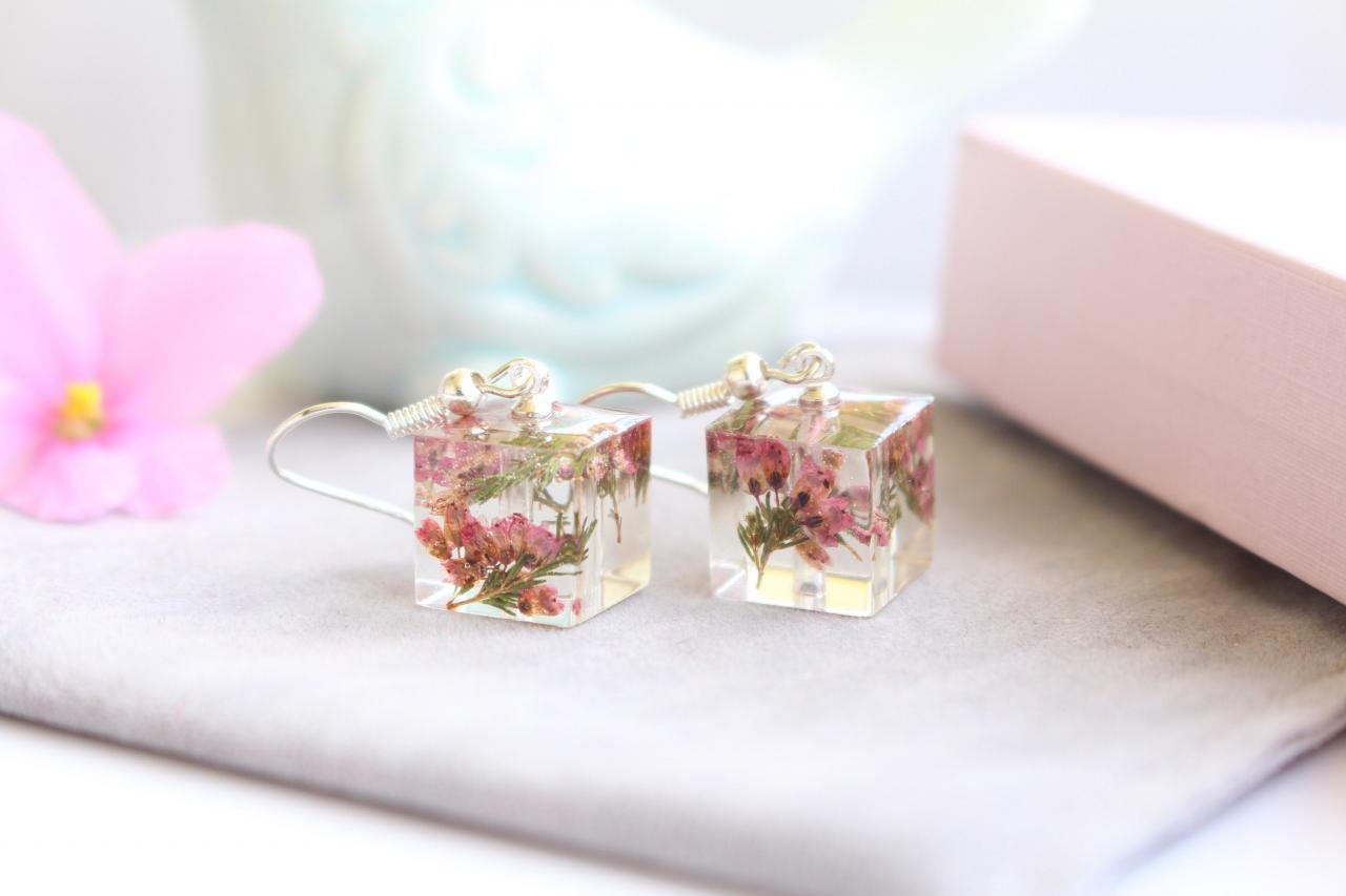Real Flower Earrings Cube , Made From Flowers Earrings, Pressed Flower Jewelry Heather, Real Flower Resin Earrings