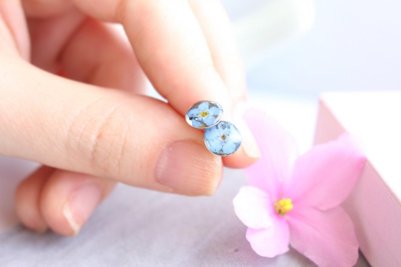 Forget Me Not Stud Earrings, Bridesmaid Gifts For Day Of Wedding, Small Tiny Earrings Blue, Tiny Pressed Flowers Studs