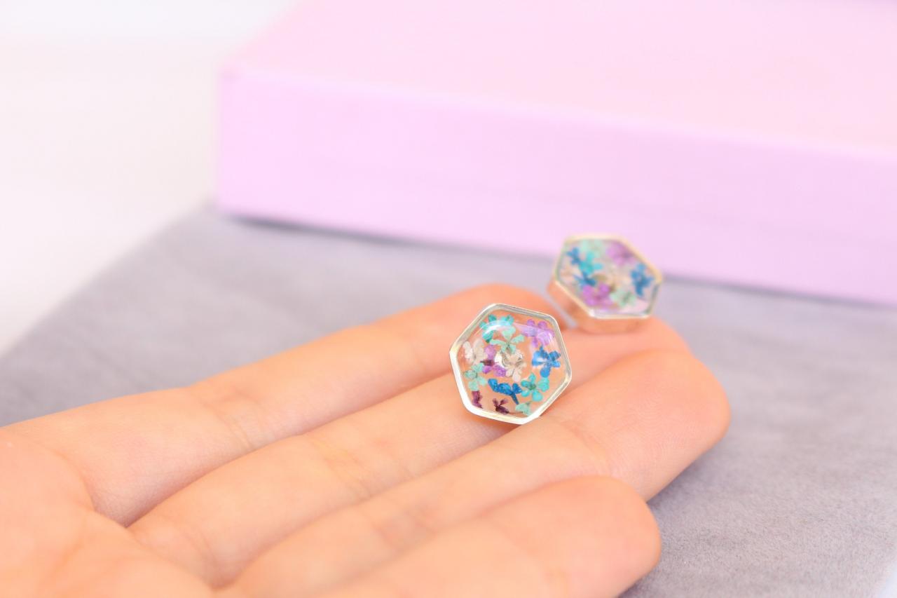 Pressed Flower Earrings Studs, Real Flower Gift For Mom, Pressed Flowers In Resin, Colorful Earring Studs, Tiny Stud Earrings Silver