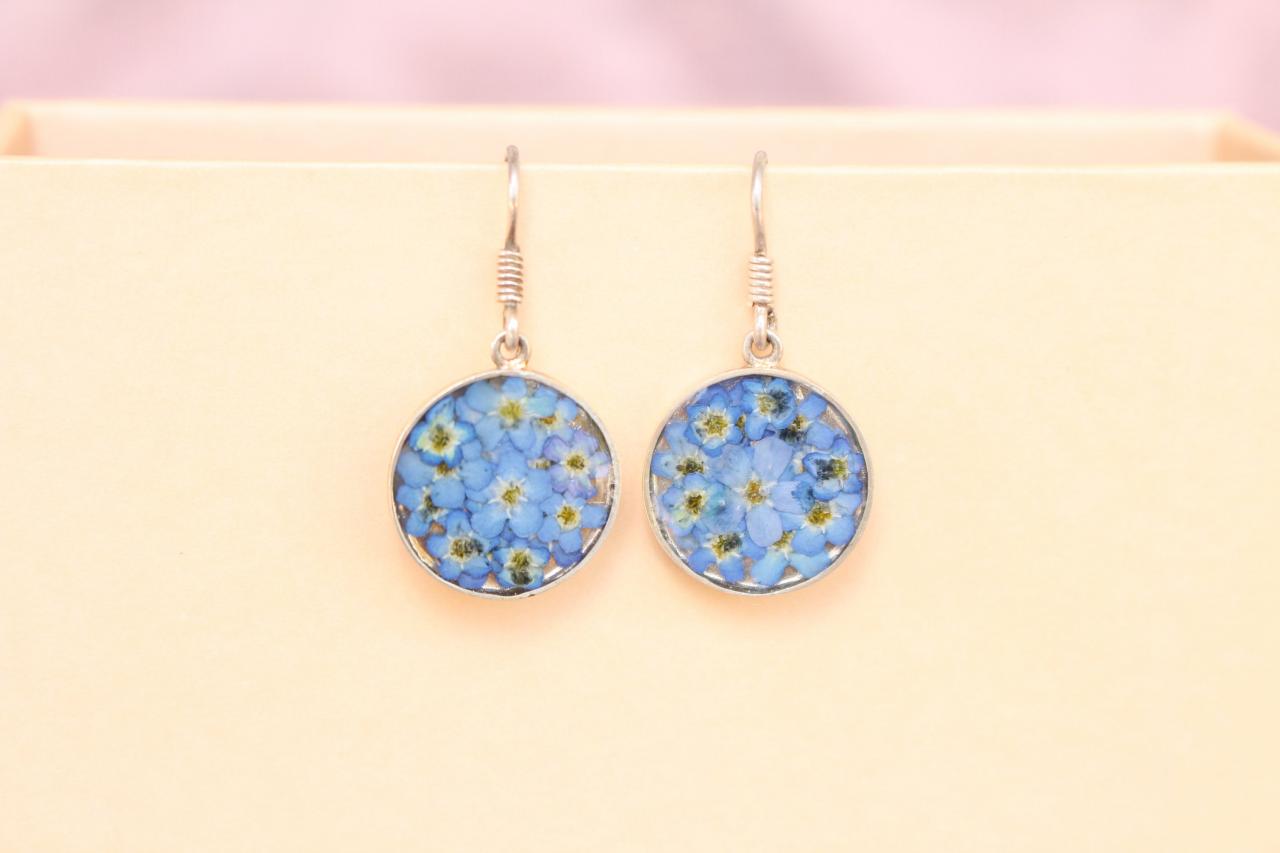 Forget Me Not Earrings, 925 Sterling Silver, Real Flower Earrings Blue, Blue Wedding Earrings Unique, Pressed Flower Earrings