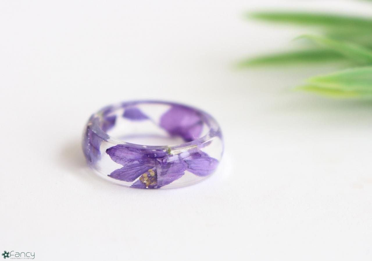 Violet Flower Ring, Resin Flower Ring, Unique Rings For Her, Purple Flower Ring For Wife, Nature Resin Ring With Purple Flowers