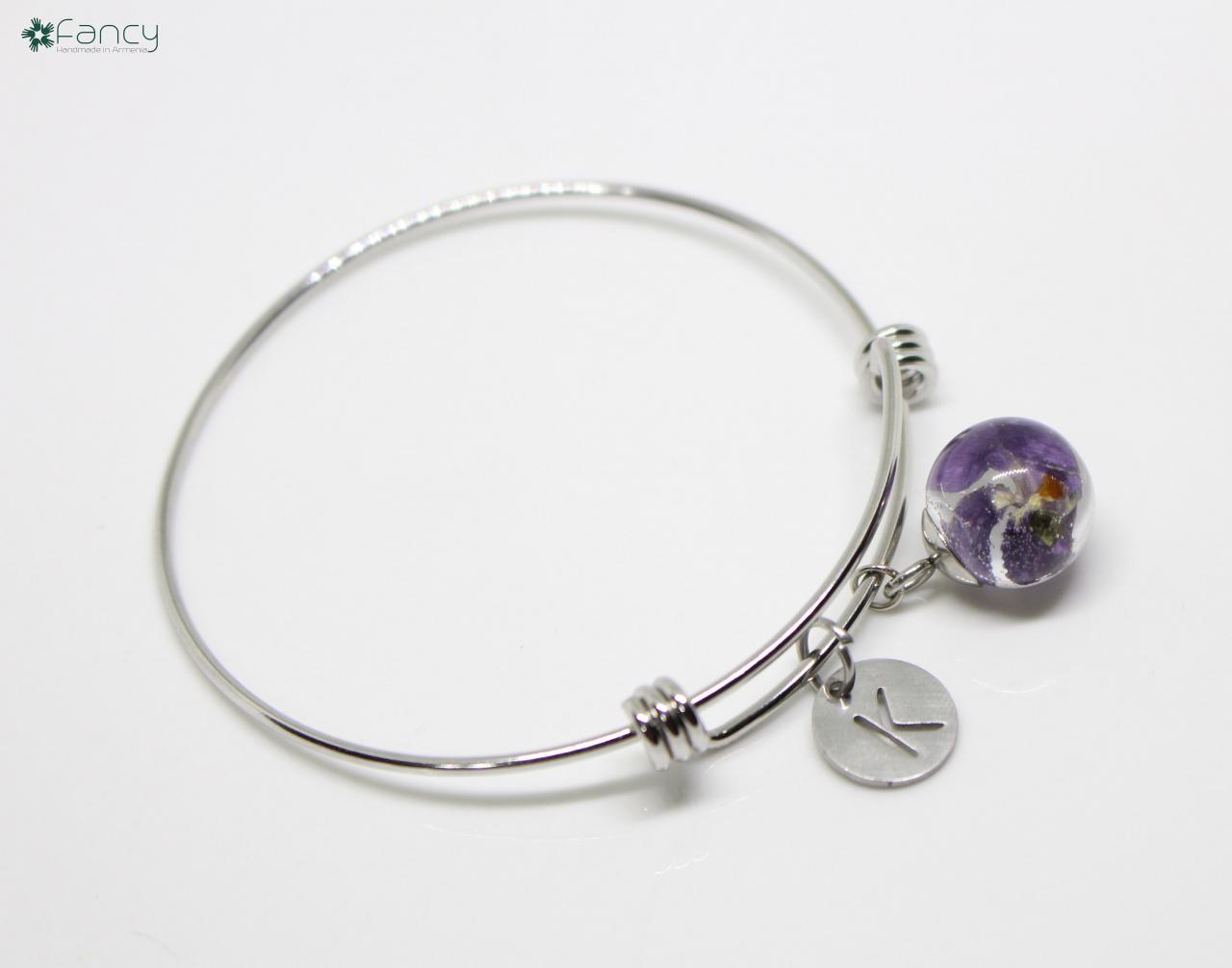 Violet Flower Bracelet, Violet Jewelry, Dried Violet Flowers, Personalized Bracelet For Women, Initial Bangle Bracelet, Armenian Gifts
