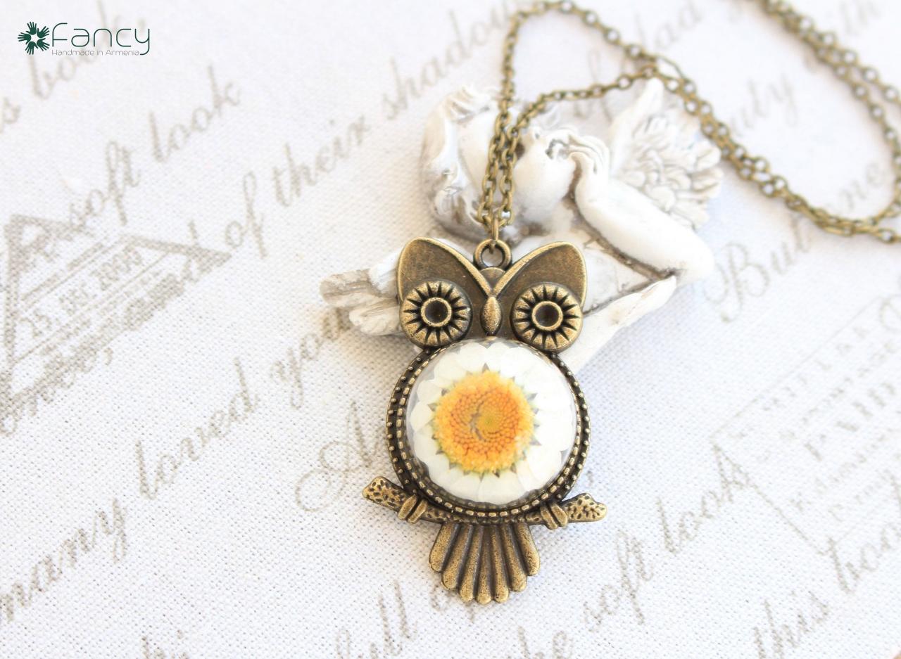 Owl Necklace Jewelry , Real Daisy Necklace , Owl Flower Necklace , Teenage Birthday Girl Gift , Antique Owl Jewelry , Real Flower Jewelry