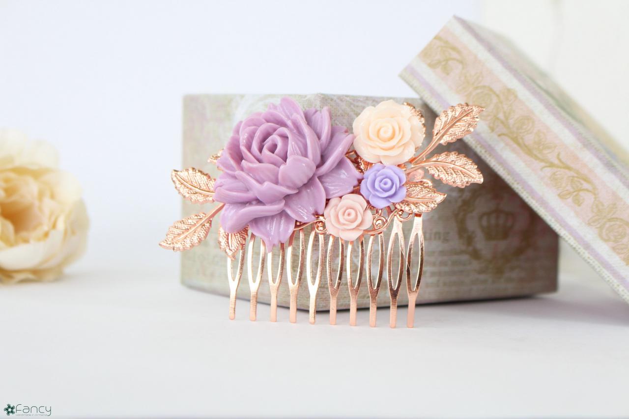 Pink Wedding Hair Comb, Lavender Wedding Hair Pieces Flowers , Lilac Wedding Hair Piece,rose Gold Bridal Hair Comb,rose Gold Leaf Hair Comb
