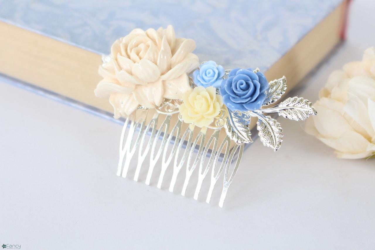 Blue Wedding Hair Accessories, Dusty Blue Wedding Hair Piece, Flower Wedding Hair Comb Beige