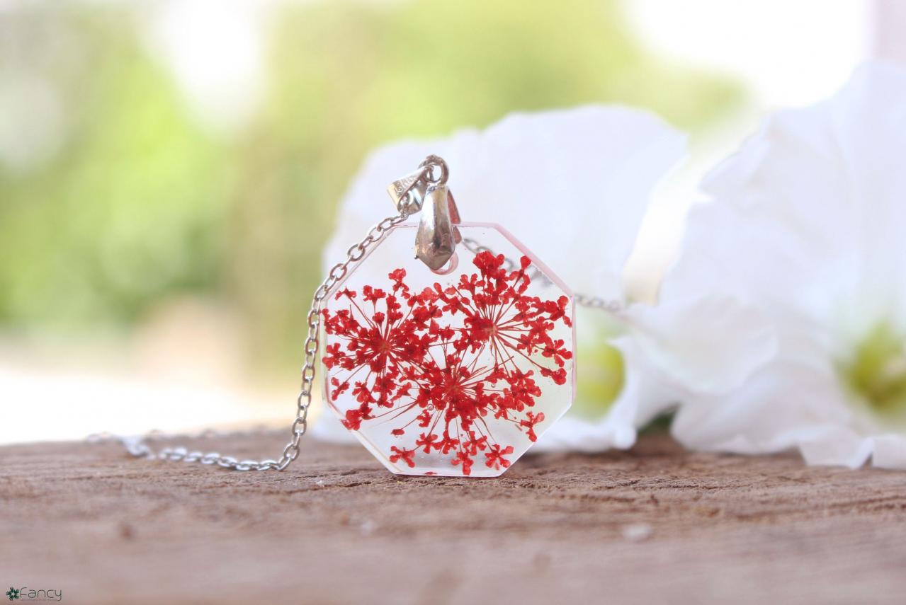 Pressed Flower Resin Necklace, Red Flower Pendant,summer Necklaces For Women,unique Necklace Gift,armenian Jewelry,flowers In Resin Necklace