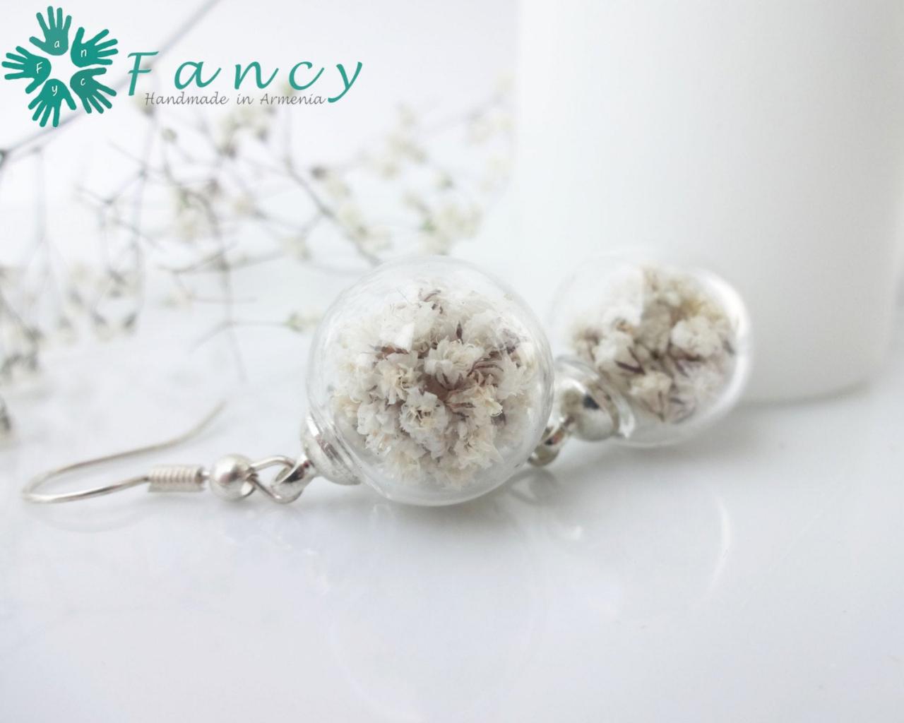Bride Earrings White Flowers Bridesmaid Gift Jewelry Babys Breath Earings Wedding Jewelry For Bridesmaids Botanical Jewelry Real Flower Orb