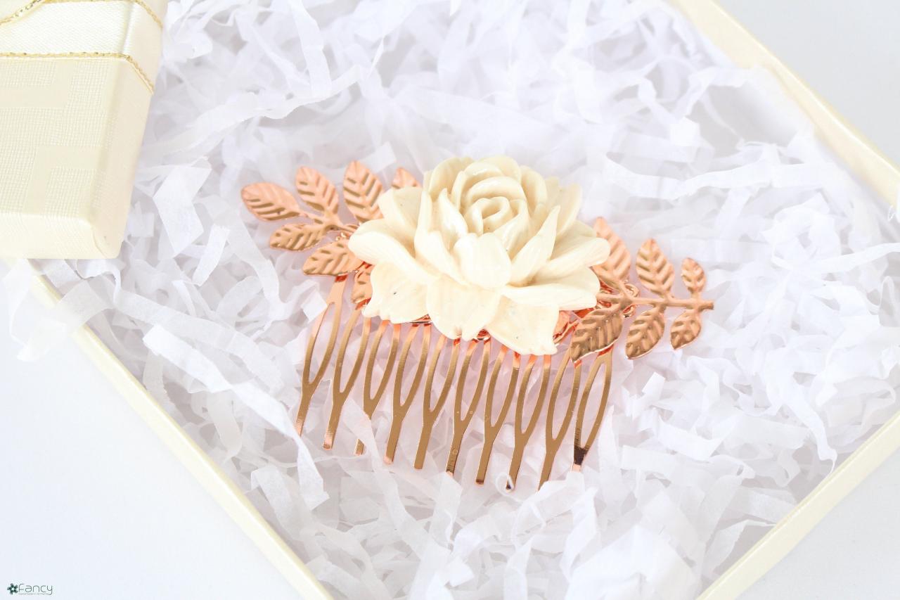 Bridal Hair Comb Rose Gold, Leaf Branch Wedding Comb, Cream White Hair Accessory, White Rose Flower Hairpiece, Bridesmaid Hair Accessories