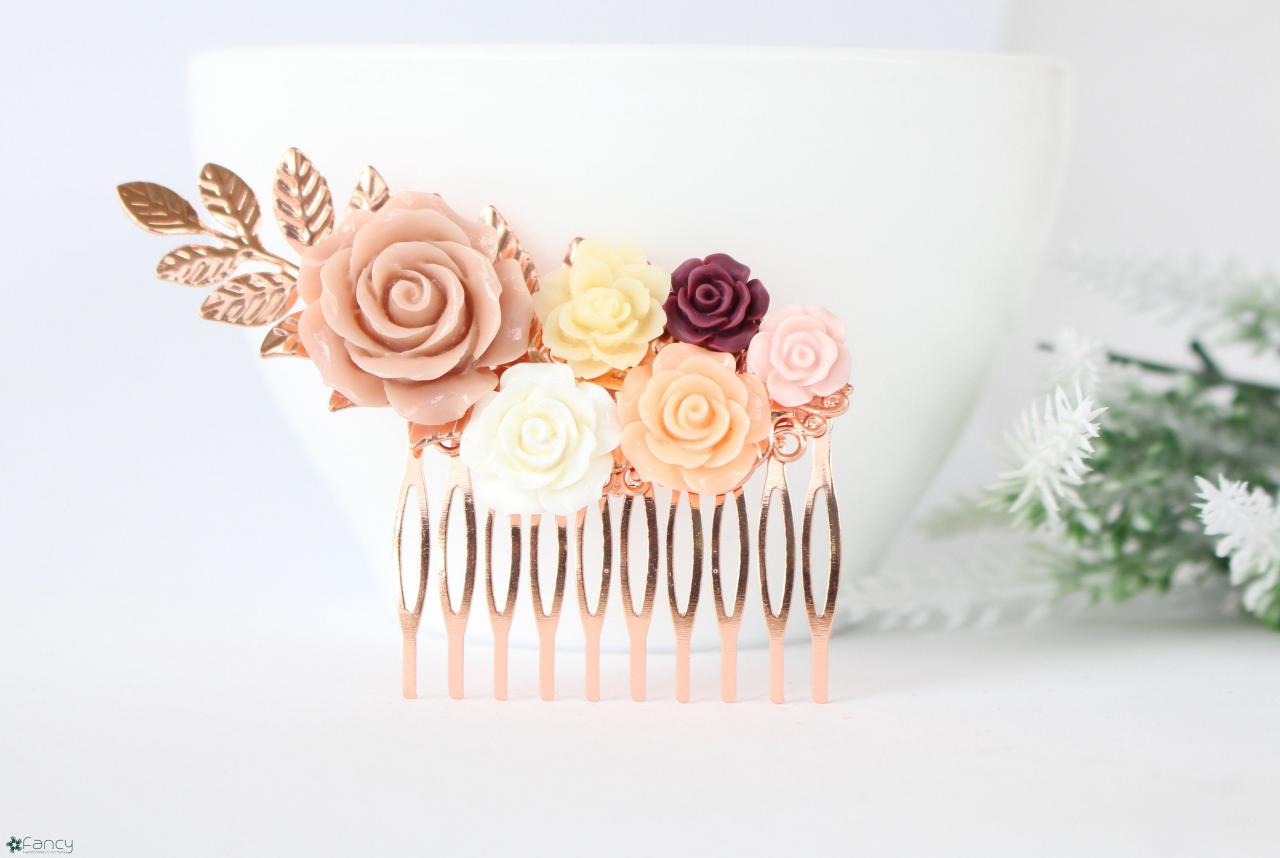 Ivory Bridal Hair Comb, Beige Wedding Comb, Burgundy Beige Flower Comb, Beige Rose Floral Wedding Comb, Resin Flowers For Bride