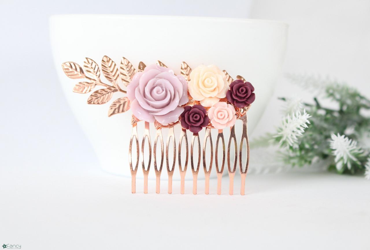 Wedding Hair Comb Floral, Bridal Rose Gold Hair Piece, Hair Combs For Wedding Vintage, Flower Comb Purple. Bride Hair Accessories Flower