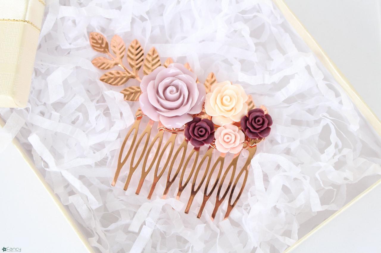 Wedding Hair Comb Floral, Bridal Rose Gold Hair Piece, Hair Combs For