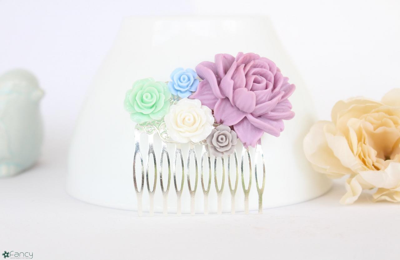 Pink Flower Hair Comb, Dusty Pink Wedding Comb, Dusty Blue Bridesmaid Gifts, Bridesmaid Hair Accessories, Hair Piece For Bride Flowers
