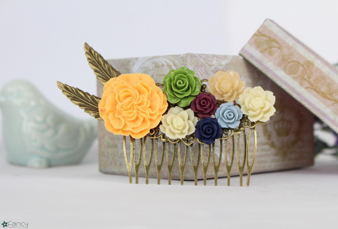 Rustic Hair Piece For Wedding, Orange Wedding Bridal Hair Comb, Colorful Hair Combs, Vintage Style Wedding Jewelry, Vintage Bridesmaid Gift