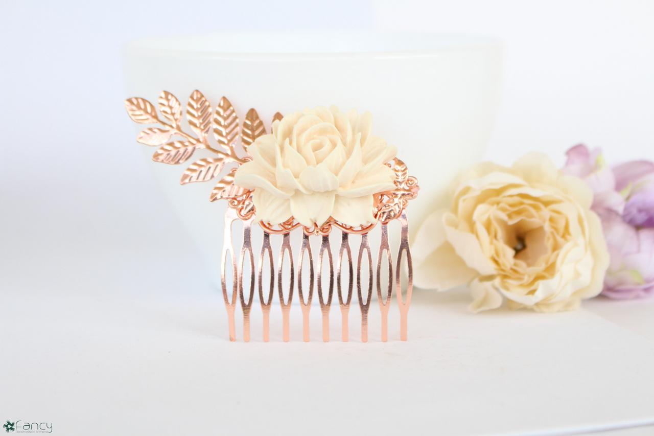 Rose Gold Wedding Hair Accessories , Rose Gold Flower Hair Comb Wedding, Beige Wedding Hair Comb, Decorative Hair Combs Weddings