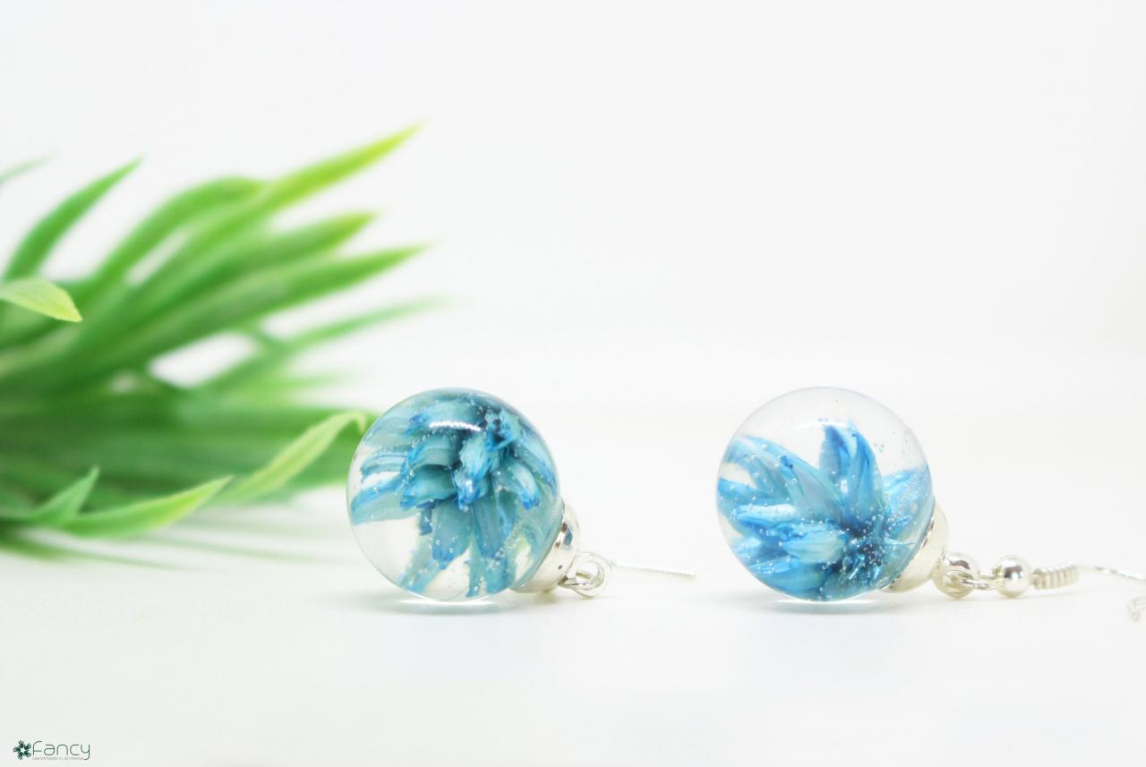 Turquoise Earrings For Wedding, Real Flower Earrings, Unique Flower Earrings, Turquoise Flower Earrings Resin, Dried Flower Earrings
