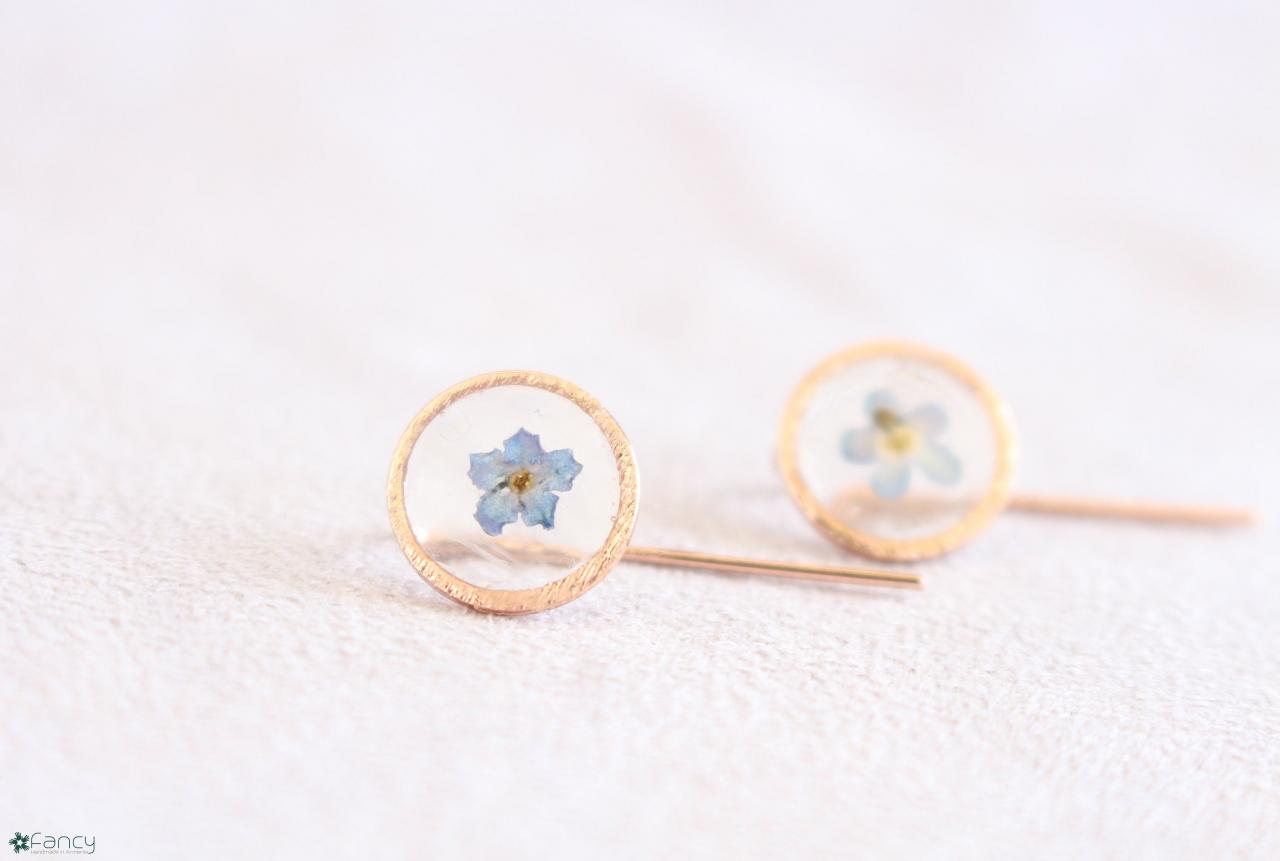 Forget Me Not Earrings, Rose Gold Geometrical Earrings, Pressed Blue Flower, Pressed Earrings, Gold Resin Earring, Natural Flower Earrings