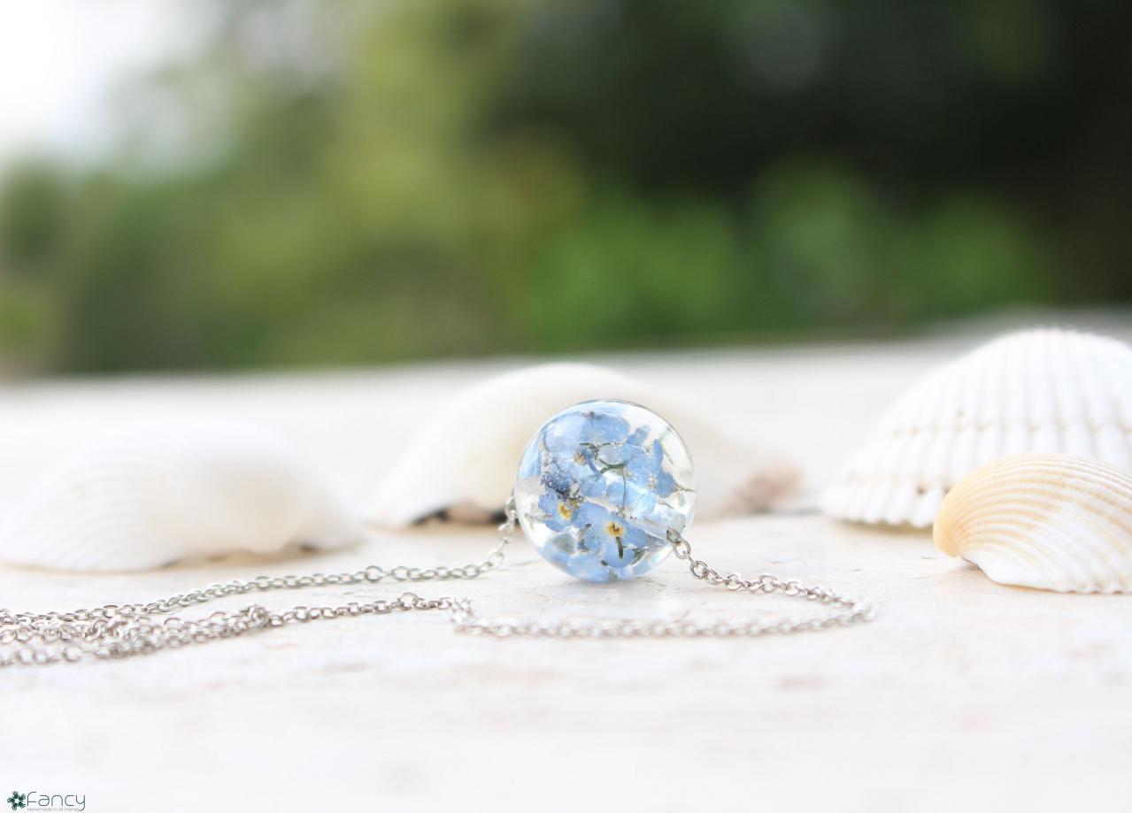 Pressed Flower Necklace, Blue Resin Jewelry, Dried Forget Me Not