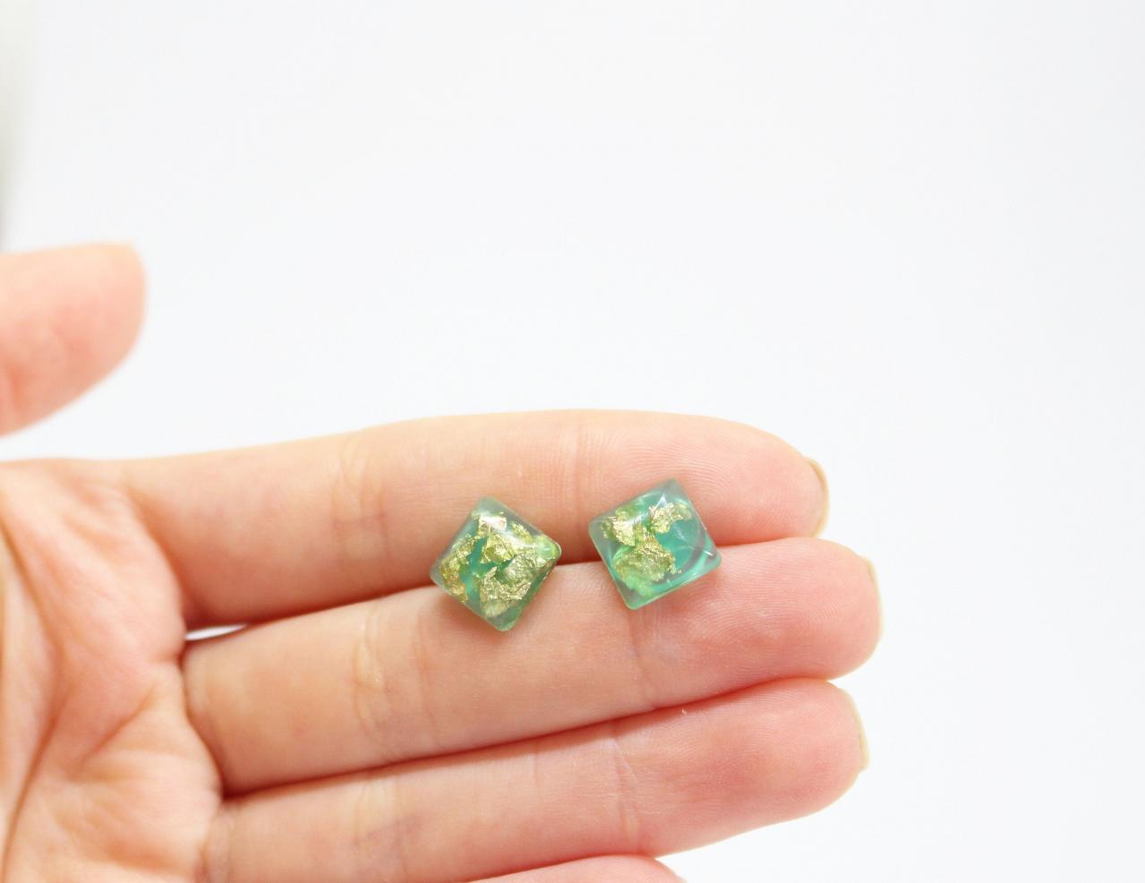 Minimalist Stud Earrings, Mint Green Earrings, Mint Green Stud Earrings, Pastel Green Earrings Small Stud Earrings Gold Flake Resin Earrings