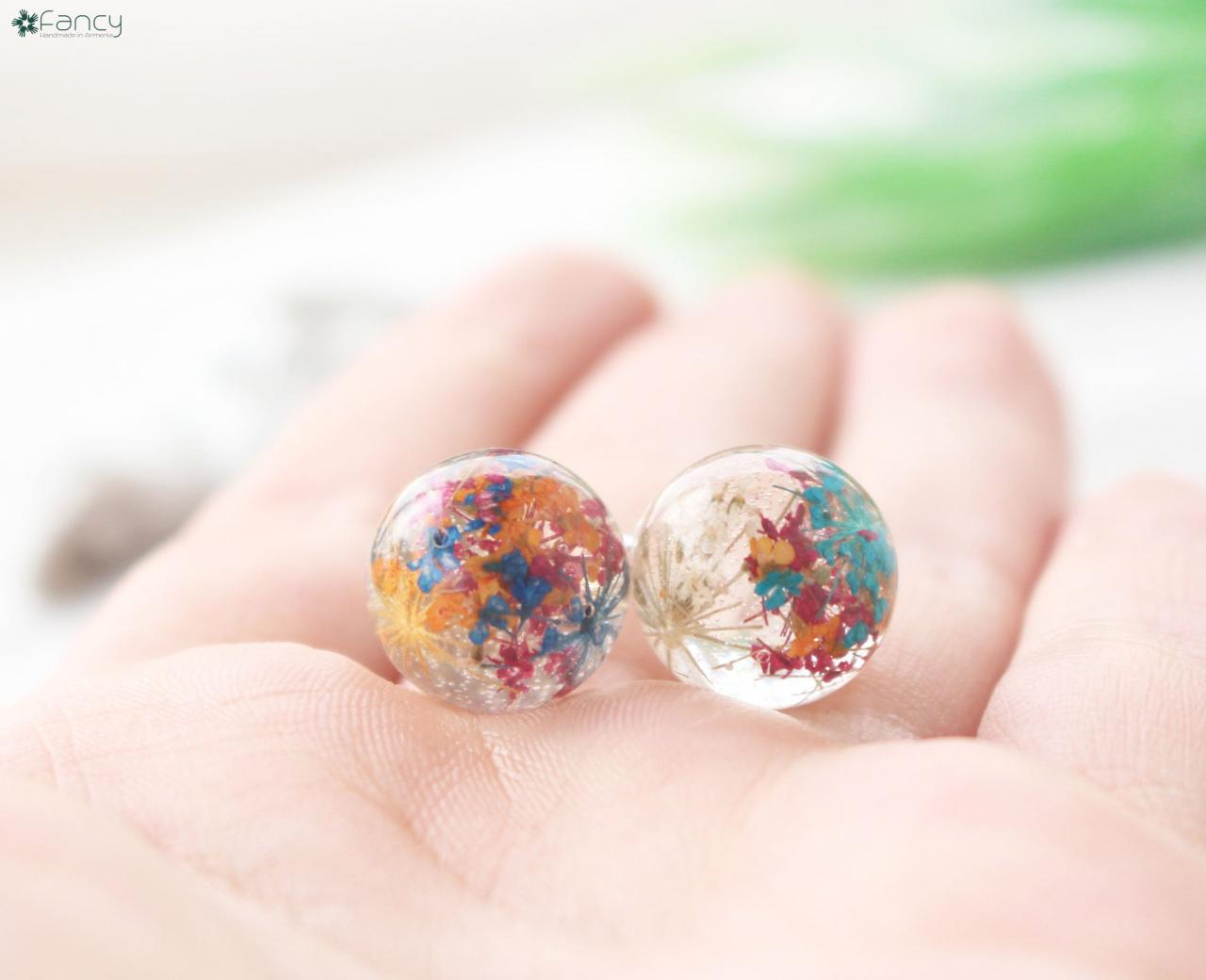 Summer Earrings Studs, Rainbow Color Earrings Resin, Resin Sphere Jewelry With Real Flowers,resin Studs With Colorful Flowers,armenian Gifts